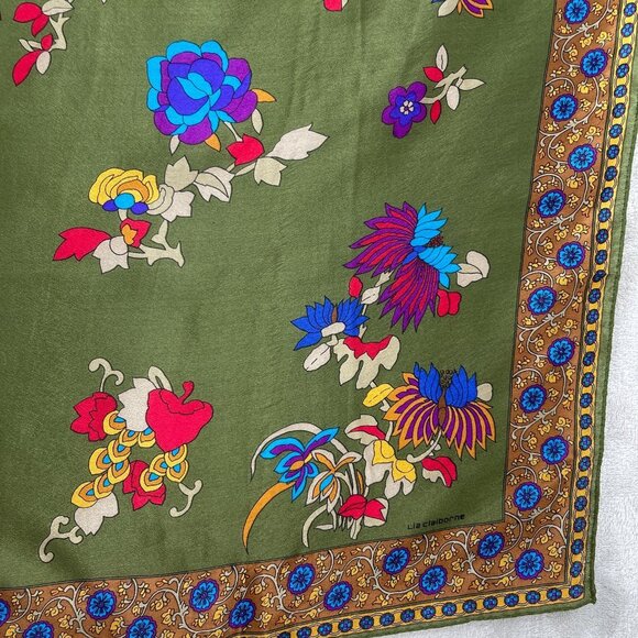 Vintage Floral Print 100% Silk Large Square Scarf Olive Green Made in Japan - Picture 1 of 13
